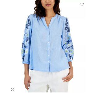 Charter Club Linen Printed Button-Up Top